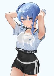 Rule 34 | 1girl, absurdres, armpits, arms up, black choker, black leotard, blue eyes, blue hair, breasts, choker, collarbone, covered navel, diptip, high side ponytail, highres, hololive, hololive dance practice uniform, hoshimachi suisei, leotard, leotard under clothes, looking at viewer, midriff, official alternate costume, parted lips, short shorts, shorts, simple background, small breasts, solo, star (symbol), star in eye, symbol in eye, virtual youtuber