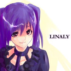 Rule 34 | 00s, 1girl, artist request, d.gray-man, lenalee lee, lowres, non-web source, purple hair, red eyes, simple background, smile, solo, twintails, upper body