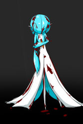 Rule 34 | 1girl, alternate color, arm at side, bleeding, blood, blood on face, blue skin, bob cut, colored skin, creatures (company), cuts, female focus, flat chest, full body, game freak, gardevoir, gen 3 pokemon, gradient background, grey background, hand up, head down, highres, holding own arm, injury, multicolored skin, nintendo, pokemon, pokemon (creature), rve, shiny pokemon, short hair, simple background, sketch, solo, standing, straight-on, two-tone skin, white skin