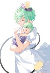 Rule 34 | 2girls, baby, carrying, carrying person, closed eyes, closed mouth, commentary, dress, english commentary, glasses, green hair, hair ornament, hairclip, hug, linka (xenoblade), multiple girls, pandoria (xenoblade), pointy ears, puffy short sleeves, puffy sleeves, short hair, short sleeves, simple background, stephanieh81080, tail, white background, white dress, xenoblade chronicles (series), xenoblade chronicles 3, xenoblade chronicles 3: future redeemed