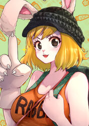 Rule 34 | 1girl, animal ears, aosora2823, backpack, bag, bare shoulders, black eyes, black hat, blonde hair, blush, carrot, carrot (one piece), claws, commentary, english commentary, gloves, green bag, hat, highres, looking at viewer, one piece, open mouth, rabbit girl, short hair, single glove, smile, solo, white gloves