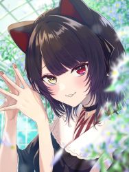 Rule 34 | 1girl, :3, animal ears, black hair, blurry, casual, choker, depth of field, dog ears, frills, greenhouse, heterochromia, highres, inui toko, japanese clothes, looking at viewer, makamu, nail, nijisanji, official alternate hair length, official alternate hairstyle, parted lips, red eyes, short hair, solo, upper body, virtual youtuber, yellow eyes