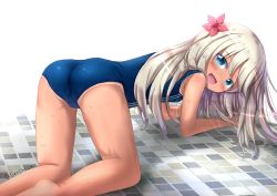 Rule 34 | 1girl, all fours, ass, blonde hair, blue eyes, commission, crotch seam, flower, full body, hair flower, hair ornament, highres, kantai collection, long hair, looking back, one-piece tan, open mouth, ro-500 (kancolle), school swimsuit, senchimee, simple background, smile, solo, swimsuit, tan, tanline, tile floor, tiles, twitter username, white background