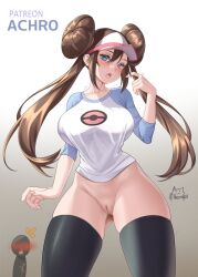 Rule 34 | 1girl, achromaru, bottomless, breasts, brown hair, cleft of venus, creatures (company), game freak, highres, large breasts, nintendo, no panties, pokemon, pokemon bw2, pussy, rosa (pokemon), thighhighs
