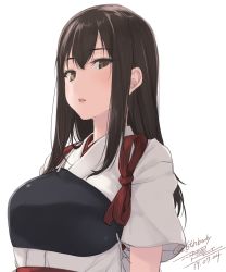 Rule 34 | 10s, 1girl, akagi (kancolle), breasts, brown eyes, brown hair, dated, japanese clothes, kantai collection, large breasts, long hair, looking at viewer, muneate, parted lips, rokuwata tomoe, short sleeves, simple background, solo, twitter username, upper body, white background, wide sleeves