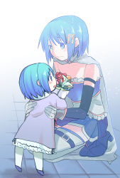 Rule 34 | 10s, 2girls, aged down, armband, blue eyes, blue hair, bouquet, cape, child, dress, dual persona, fading, flower, fortissimo, gloves, hair ornament, hairclip, kneeling, magical girl, mahou shoujo madoka magica, mahou shoujo madoka magica (anime), mahou shoujo madoka magica movie 1 &amp; 2, miki sayaka, momoko (palemon), multiple girls, musical note, musical note hair ornament, open mouth, short hair, thighhighs, time paradox, transparent, zettai ryouiki