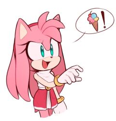 Rule 34 | !, 1girl, amy rose, animal ears, animal nose, belt, cherry, food, fruit, furry, furry female, gloves, gold bracelet, green eyes, hairband, hedgehog, hedgehog ears, hedgehog girl, hedgehog tail, ice cream, long hair, looking to the side, open mouth, pink fur, red hairband, red skirt, shirt, simple background, skirt, sleeveless, sleeveless shirt, solo, sonic (series), tail, toonsite, upper body, white background, white gloves, white shirt