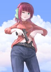 Rule 34 | 1girl, absurdres, alternate costume, angel beats!, black hairband, bow, casual, clothes lift, cloud, commentary request, commission, cowboy shot, d-sawa613, day, denim, dress shirt, from below, glock, green bow, green eyes, gun, gunbelt, hair bow, hairband, handgun, hands up, highres, holding, holding gun, holding weapon, jeans, lifting own clothes, looking at viewer, medium hair, nakamura yuri, one eye closed, open mouth, outdoors, pants, purple hair, red shirt, shirt, shirt lift, skeb commission, solo, standing, stomach, straight hair, v-shaped eyebrows, weapon