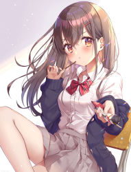 Rule 34 | 1girl, :t, blush, bow, bowtie, breast pocket, breasts, brown hair, cardigan, chair, closed mouth, collared shirt, commentary request, dress shirt, grey skirt, hair ornament, hairclip, highres, knee up, long hair, long sleeves, looking at viewer, miniskirt, off shoulder, on chair, open cardigan, open clothes, original, pocket, pout, pov, red bow, red bowtie, red eyes, sakura shiori, school chair, school uniform, shirt, sitting, skirt, sleeves past wrists, small breasts, solo, striped bow, striped bowtie, striped clothes, striped neckwear, thighs, v-shaped eyebrows, very long hair, white shirt