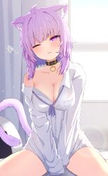 Rule 34 | 1girl, absurdres, ahoge, animal collar, animal ear fluff, animal ears, belt collar, black collar, blush, breasts, cat ears, cat girl, cat tail, cleavage, collar, collarbone, collared shirt, curtains, dress shirt, highres, hololive, indoors, large breasts, long sleeves, looking at viewer, neck ribbon, nekomata okayu, nekomata okayu (oversized shirt), no bra, off shoulder, one eye closed, open mouth, partially unbuttoned, purple eyes, purple hair, purple ribbon, ribbon, shirt, sitting, sleeves past fingers, sleeves past wrists, solo, stuffed toy, tail, tarakore sauce, virtual youtuber, wariza, white shirt, window