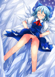 Rule 34 | 1girl, 90i, blood, blue hair, blush, bow, cirno, dress, closed eyes, fairy, guro, hands on own hips, highres, pussy, pussy juice, ribbon, spikes, tears, touhou, uncensored, defloration, wings