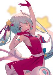 Rule 34 | 1girl, absurdres, arm up, blue hair, blurry, blurry background, commentary, depth of field, dress, english commentary, gloves, green hair, hatsune miku, highres, long hair, looking at viewer, magical mirai (vocaloid), magical mirai miku, magical mirai miku (2022), mo (pixiv9929995), panties, purple dress, purple gloves, simple background, sleeveless, sleeveless dress, solo, star (symbol), striped clothes, striped panties, twintails, underwear, very long hair, vocaloid, white background
