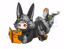 Rule 34 | 1girl, 2023, animal ears, black coat, black footwear, blush, book, boots, borrowed character, carrot, chinese zodiac, coat, fake animal ears, fur trim, grey hair, highres, hood, hood up, open book, original, paw shoes, rabbit, reading, red eyes, simple background, solo, tekos0, watermark, web address, white background, year of the rabbit