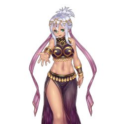 Rule 34 | 1girl, bracelet, bracer, character request, dancer, dark-skinned female, dark skin, green eyes, hair bun, harem outfit, houtengeki, jewelry, looking at viewer, midriff, navel, official art, outstretched arm, outstretched hand, side slit, sidelocks, silver hair, solo, transparent background, uchi no hime-sama ga ichiban kawaii, updo