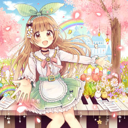 Rule 34 | 1girl, :d, absurdres, album cover, animal, apron, belt, belt buckle, bird, black bow, black choker, blue sky, blush, bow, breasts, brown eyes, buckle, bug, building, butterfly, choker, cloud, cover, day, fence, flower, frilled apron, frilled skirt, frilled sleeves, frills, green belt, green hairband, green ribbon, green skirt, hair bow, hair flower, hair ornament, hair ribbon, hairband, hairclip, highres, indie utaite, insect, light brown hair, long hair, long sleeves, looking at viewer, medium breasts, nanahira, neck ribbon, open mouth, original, outdoors, outstretched arms, paper, petals, piano keys, pink flower, pink ribbon, pleated skirt, purple flower, rabbit, rainbow, ribbon, sakura oriko, shirt, sitting, skirt, sky, smile, solo, star (symbol), tower, tree, very long hair, waist apron, white apron, white bow, white flower, white shirt, yellow flower