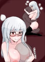 Rule 34 | 1boy, 1girl, absurdres, black thighhighs, blush, breasts, girl on top, glasses, heidimarie w. schnaufer, hetero, highres, large breasts, nipples, nude, open mouth, red eyes, sex, smile, strike witches, t-8000, thighhighs, tongue, tongue out, white hair, world witches series