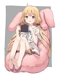 Rule 34 | 1girl, bare legs, barefoot, bean bag, bike shorts, blonde hair, brown eyes, clothes writing, feet, full body, futaba anzu, grey background, handheld game console, highres, holding, holding handheld game console, idolmaster, idolmaster cinderella girls, long hair, looking at viewer, low twintails, nintendo switch, parted lips, shirt, shone, short sleeves, simple background, sitting, soles, solo, striped bike shorts, striped clothes, t-shirt, twintails, very long hair, white shirt