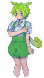 Rule 34 | 1girl, arm at side, babibu baby, blush, brooch, commentary, cropped legs, green hair, green shorts, hand up, highres, jewelry, long hair, looking at viewer, low ponytail, neck ribbon, pink ribbon, puffy short sleeves, puffy shorts, puffy sleeves, ribbon, shirt, shirt tucked in, short sleeves, shorts, signature, simple background, solo, suspender shorts, suspenders, suspenders pull, voicevox, white background, white shirt, zundamon