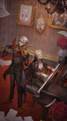 Rule 34 | 2boys, absurdres, antonio salieri (fate), antonio salieri (second ascension) (fate), ascot, black gloves, black ribbon, blonde hair, blurry, blurry foreground, bow (music), brooch, chandelier, coat, coat on shoulders, coattails, cross, fang, fate/grand order, fate (series), fleur-de-lis, flower, formal, fou (fate), frilled sleeves, frills, gloves, green eyes, grey hair, hair between eyes, hair intakes, hair ribbon, hakuyo 99, highres, holding instrument, holding violin, indoors, instrument, jewelry, light particles, long hair, long sleeves, looking at another, male focus, marie antoinette (fate), marie antoinette (formal dress) (fate), multiple boys, music, open mouth, piano, piano bench, pillar, pinstripe pattern, pinstripe suit, playing instrument, playing piano, ponytail, portrait (object), red ascot, red eyes, red flower, red ribbon, red rose, ribbon, rose, sheet music, short hair, sitting, skin fang, slit pupils, smile, standing, striped, suit, vase, violin, white ascot, white gloves, wolfgang amadeus mozart (fate)