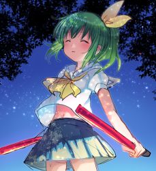 Rule 34 | 1girl, belly, blue skirt, blue sky, bow, cookie (touhou), daiyousei, diyusi (cookie), closed eyes, from below, green hair, hair bow, hair ribbon, leaf, light particles, looking up, miniskirt, navel, neck ribbon, open mouth, ponytail, ribbon, sailor collar, school uniform, shirt, short hair, short sleeves, skirt, sky, touhou, traffic baton, white shirt, xox xxxxxx, yellow bow, yellow ribbon