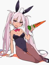 Rule 34 | 1girl, ahoge, animal ears, black footwear, black leotard, bow, bowtie, breasts, brown pantyhose, bunny day, carrot, dark-skinned female, dark skin, detached collar, holding, leotard, long hair, looking at viewer, medium breasts, mzh, open mouth, original, pantyhose, pink eyes, pink hair, playboy bunny, rabbit ears, solo, strapless, strapless leotard, twintails, very long hair, wrist cuffs