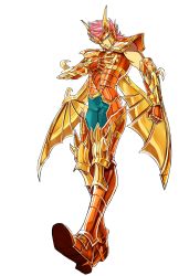 Rule 34 | 1boy, armor, armored boots, blue eyes, boots, full body, gauntlets, gloves, highres, karako, long hair, male focus, metal wings, pink hair, saint seiya, scylla eo, simple background, solo, white background, wings