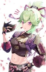 Rule 34 | 1girl, :o, absurdres, armor, breasts, crop top, cropped jacket, eyeshadow, genshin impact, gloves, green hair, hand on own hip, highres, holding, holding mask, kuki shinobu, long hair, looking at viewer, makeup, mask, medium breasts, midriff, navel, notice lines, open mouth, partially fingerless gloves, ponytail, purple eyes, rinne (ren rene 000), simple background, tsurime, upper body, white background