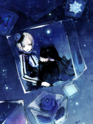 Rule 34 | 1girl, black thighhighs, blonde hair, blue flower, blue rose, blue theme, boots, box, bug, butterfly, cube, flower, hair flower, hair ornament, highres, in box, in container, insect, nail polish, original, ribbon, rose, short hair, sitting, sketch, skirt, solo, thighhighs, yellow eyes, yuukichi, zettai ryouiki