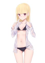 Rule 34 | 1girl, bad id, bad pixiv id, bikini, bikini under clothes, black bikini, blonde hair, blunt bangs, breasts, closed mouth, collarbone, collared shirt, commentary request, food, gluteal fold, highres, holding, holding food, jilu, long hair, long sleeves, looking at viewer, navel, open clothes, open shirt, original, popsicle, red eyes, shirt, simple background, small breasts, solo, swimsuit, white background, white shirt