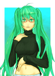 Rule 34 | 1girl, ahoge, bespectacled, breasts, clothes lift, female focus, glasses, gradient background, green eyes, green hair, hatsune miku, long hair, matching hair/eyes, midriff, navel, shirt lift, solo, sweater, turtleneck, twintails, very long hair, vocaloid, yuuji (and)