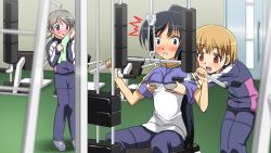 Rule 34 | 00s, 3girls, :d, :o, black eyes, black hair, blue eyes, blurry, blush, grabbing another&#039;s breast, breasts, clenched teeth, depth of field, door, exercising, grabbing, grabbing from behind, grey hair, hair ribbon, high ponytail, holding, ichijou eika, indoors, leaning forward, light brown hair, long hair, long sleeves, looking at another, low twintails, multiple girls, nose blush, open mouth, orange eyes, pants, ponytail, raised eyebrows, ribbon, sakurano otoha, sanshita, shirt, shoes, short hair, short sleeves, short twintails, sitting, sky girls, small breasts, smile, sneakers, sonomiya karen, standing, surprised, teeth, towel, track suit, twintails, very long hair, weightlifting, weights, wide-eyed, yuri
