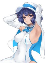 Rule 34 | 1girl, armpits, arms behind head, arms up, blue eyes, blue hair, breasts, capelet, dress, hat, highres, looking at viewer, mamimi (mamamimi), medium breasts, short hair, smile, solo, suntory, suntory nomu, virtual youtuber