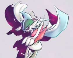 Rule 34 | 10s, arm blade, bad id, bad pixiv id, cape, creatures (company), gallade, game freak, gen 4 pokemon, grey background, highres, horns, looking at viewer, mega gallade, mega pokemon, nintendo, no humans, pokemon, pokemon (creature), pokemon oras, red eyes, shadow, simple background, solo, spikes, weapon, wolpan