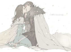 Rule 34 | 1boy, 1girl, a song of ice and fire, animification, bad id, bad pixiv id, brown hair, cape, copyright name, dress, hetero, kiss, long hair, muted color, petyr baelish, sansa stark, snow, snowing, wavesheep