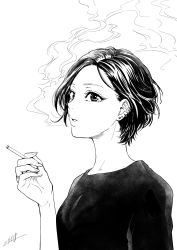 Rule 34 | 1girl, bad id, bad twitter id, blowing smoke, cigarette, close-up, commentary, ear piercing, earrings, eyelashes, from side, greyscale, highres, holding, holding cigarette, jewelry, looking at viewer, monochrome, nail, nikaidou kou, open mouth, original, piercing, ring, short hair, simple background, smoking, solo, upper body, white background