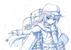 Rule 34 | 1girl, blush, breath, cannon, commentary request, hair between eyes, hat, hibiki (kancolle), kantai collection, long hair, long sleeves, looking at viewer, machinery, monochrome, open mouth, scarf, snowing, solo, spot color, torpedo tubes, turret, upper body, verniy (kancolle), yatsu seisakusho