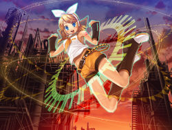Rule 34 | 1girl, bad id, bad pixiv id, bare shoulders, belt, blonde hair, blue eyes, blush, boots, bow, cloud, face, factory, floating, from below, goe, hair bow, hair ornament, hairclip, happy, headset, kagamine rin, midriff peek, outdoors, sailor collar, shirt, shorts, sky, sleeveless, sleeveless shirt, smile, solo, swept bangs, tagme, twilight, vocaloid, white bow