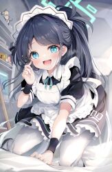Rule 34 | 1girl, all fours, apron, aris (blue archive), aris (maid) (blue archive), black dress, black hair, blue archive, blue eyes, collared dress, commentary request, dress, frilled apron, frills, halo, hand up, highres, indoors, long hair, looking at viewer, maid, maid apron, midori (blue archive), momoi (blue archive), pantyhose, ponytail, puffy short sleeves, puffy sleeves, shiira (nya rl), short sleeves, solo, sparkle, swept bangs, very long hair, white apron, white pantyhose, wrist cuffs, yuzu (blue archive)