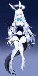 Rule 34 | 1girl, animal ears, black shorts, blue background, blue bow, blue bowtie, bow, bowtie, breasts, closed mouth, colored skin, corset, crown, full body, gohan atatame, halo, highres, invisible chair, jacket, looking at viewer, mechanical arms, medium breasts, mini crown, open clothes, open jacket, original, rabbit ears, red eyes, shorts, simple background, sitting, solo, tail, thick eyebrows, white hair, white jacket, white skin
