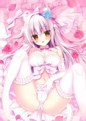 Rule 34 | 1girl, animal ears, babydoll, bed sheet, blue flower, blue rose, blush, breasts, cameltoe, cat ears, cat girl, cat tail, cleavage, cleft of venus, commentary request, elbow gloves, flower, frilled babydoll, frilled gloves, frilled panties, frilled thighhighs, frills, gloves, hair between eyes, hair flower, hair ornament, hasune, highres, knees up, large breasts, long hair, looking at viewer, lying, midriff, navel, on back, open mouth, original, panties, pillow, pink babydoll, pink panties, purple hair, rose, sidelocks, solo, spread legs, tail, thighhighs, underwear, yellow eyes