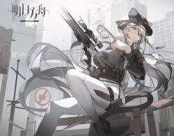 Rule 34 | 1girl, absurdres, alternate costume, arknights, belt pouch, binoculars, black hat, black shirt, breasts, building, commentary request, earpiece, fingerless gloves, gloves, grey hair, gun, hat, highres, holding, holding gun, holding weapon, krao, large breasts, long hair, outdoors, pants, pouch, rifle, road sign, schwarz (arknights), scope, shirt, sign, single glove, sniper rifle, solo, strap, very long hair, weapon, white pants, yellow eyes