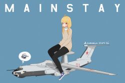 Rule 34 | 1girl, a-50 mainstay, aircraft, artist name, atamonica, blonde hair, blue background, blush, brown sweater, closed mouth, dated, expressionless, full body, glasses, highres, jet engine, long hair, long sleeves, looking at viewer, military, military vehicle, original, radar dish, red eyes, rimless eyewear, simple background, sitting, solo, sweater, thought bubble, vehicle name