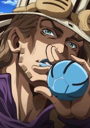 Rule 34 | 1boy, absurdres, araki hirohiko (style), ball, blue lips, clenched teeth, cowboy hat, goggles, goggles on headwear, grandguerrilla, green eyes, gyro zeppeli, hat, highres, holding, holding ball, jojo no kimyou na bouken, lipstick, looking at viewer, makeup, male focus, official style, portrait, solo, steel ball run, teeth
