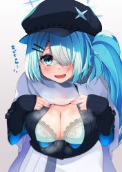 Rule 34 | 1girl, absurdres, asymmetrical bangs, bad id, bad twitter id, black sweater, blue archive, blue eyes, blue hair, bra, breasts, cabbie hat, cape, cleavage, hair ornament, hair over one eye, hairclip, halo, hat, highres, hiyori (blue archive), lace, lace-trimmed bra, lace trim, long hair, looking at viewer, open clothes, open shirt, sacha, scarf, side ponytail, skirt, sweater, underwear, white cape, white scarf, white skirt