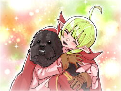 Rule 34 | 1girl, :d, ^ ^, ahoge, animal, animal hug, blunt bangs, blush, boots, braid, brown gloves, cape, closed eyes, commentary, dog, dress, english commentary, fire emblem, fire emblem awakening, gloves, hug, long hair, long sleeves, mnejing30, nah (fire emblem), nintendo, open mouth, pink dress, pointy ears, red cape, red thighhighs, smile, solo, sparkle, sparkle background, teeth, thigh boots, thighhighs, twin braids, upper teeth only