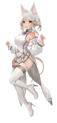 Rule 34 | 1girl, :d, akizone, animal ears, au ra, warrior of light (ff14), boots, breasts, brown eyes, cheeze (akizone), detached sleeves, fictional persona, final fantasy, final fantasy xiv, high heel boots, high heels, highres, looking at viewer, medium breasts, open mouth, original, short hair, simple background, smile, solo, tail, teeth, thighhighs, upper teeth only, white background, white hair, white thighhighs