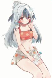 Rule 34 | 1girl, absurdres, arknights, bare shoulders, bikini, bikini top only, black hair, bottle, breasts, collarbone, feather hair, feet out of frame, flower, grey hair, hair flower, hair ornament, highres, invisible chair, long hair, morita (pixiv31883607), multicolored hair, navel, red bikini, red hair, sarong, simple background, sitting, small breasts, snowsant (arknights), solo, swimsuit, two-tone hair, very long hair, water bottle, white background, white flower