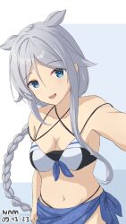 Rule 34 | 1girl, artist name, bikini, black bikini, blue background, blue eyes, blush, braid, breasts, cowboy shot, dated, gradient background, grey hair, hair flaps, highres, kantai collection, long hair, looking at viewer, mole, mole under eye, navel, nnm, official alternate costume, open mouth, sarong, single braid, small breasts, smile, solo, swimsuit, umikaze (kancolle), very long hair