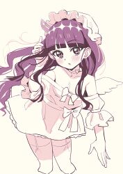 Rule 34 | 1girl, angel wings, blunt bangs, blush, breasts, choker, cleavage, collarbone, commentary request, delicious party precure, dress, hat, highres, kasai amane, long hair, looking at viewer, precure, purple eyes, purple hair, simple background, small breasts, solo, thighhighs, ukokkei, white background, white dress, wings