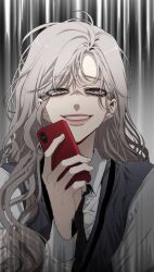 Rule 34 | blue jacket, cellphone, dreaming freedom, grey eyes, ha juhyeon, highres, jacket, long hair, looking at viewer, open mouth, phone, school uniform, shirt, smile, very long hair, white hair, white shirt